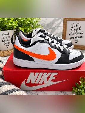 Nike Court Borough Low 2 GS White Black Total Orange Sneakers Youth 5.5Y